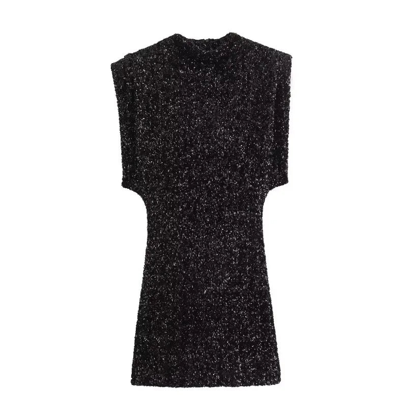 Elegante Damen Schulterpolster Pailletten Kleid