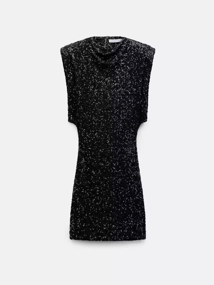 Elegante Damen Schulterpolster Pailletten Kleid