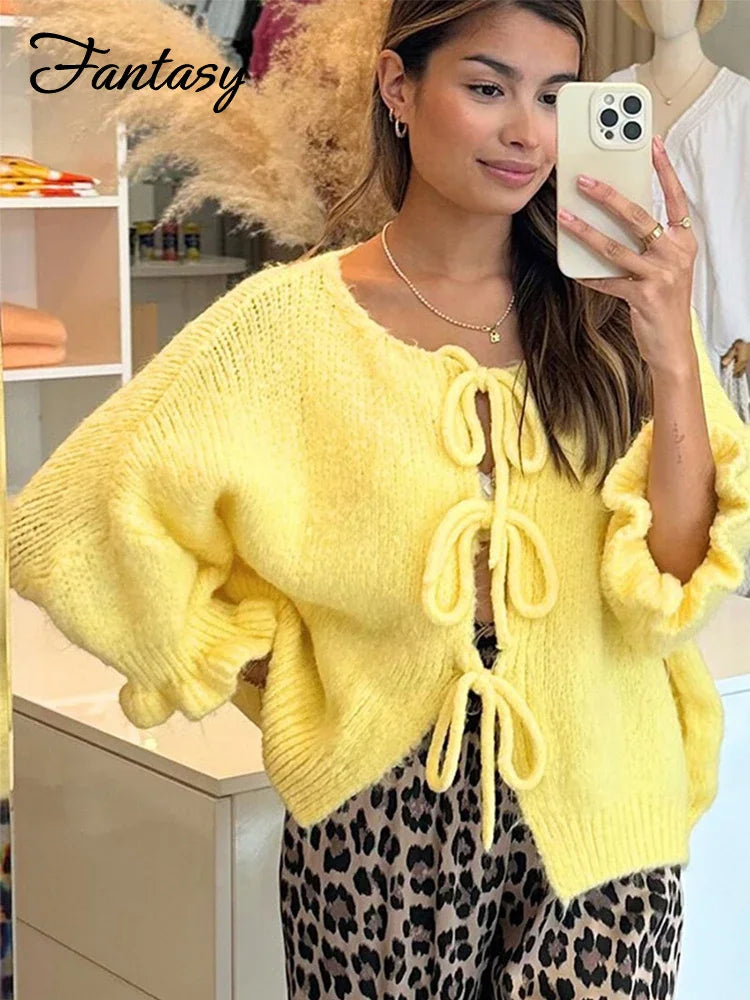 Bow Lace Knit Cardigan: Kurzarm-Strickjacke mit Schleifendetail