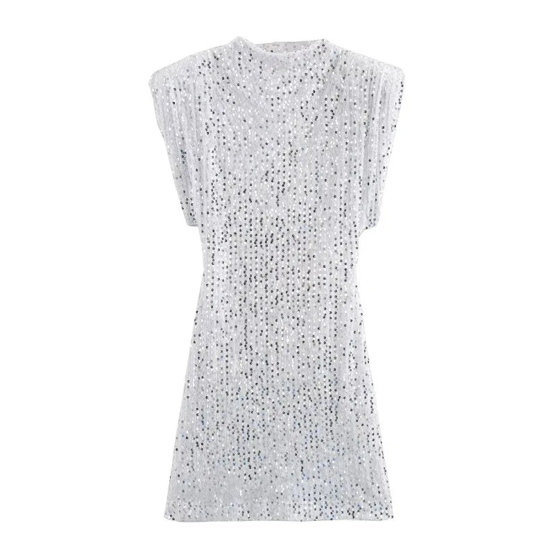Elegante Damen Schulterpolster Pailletten Kleid